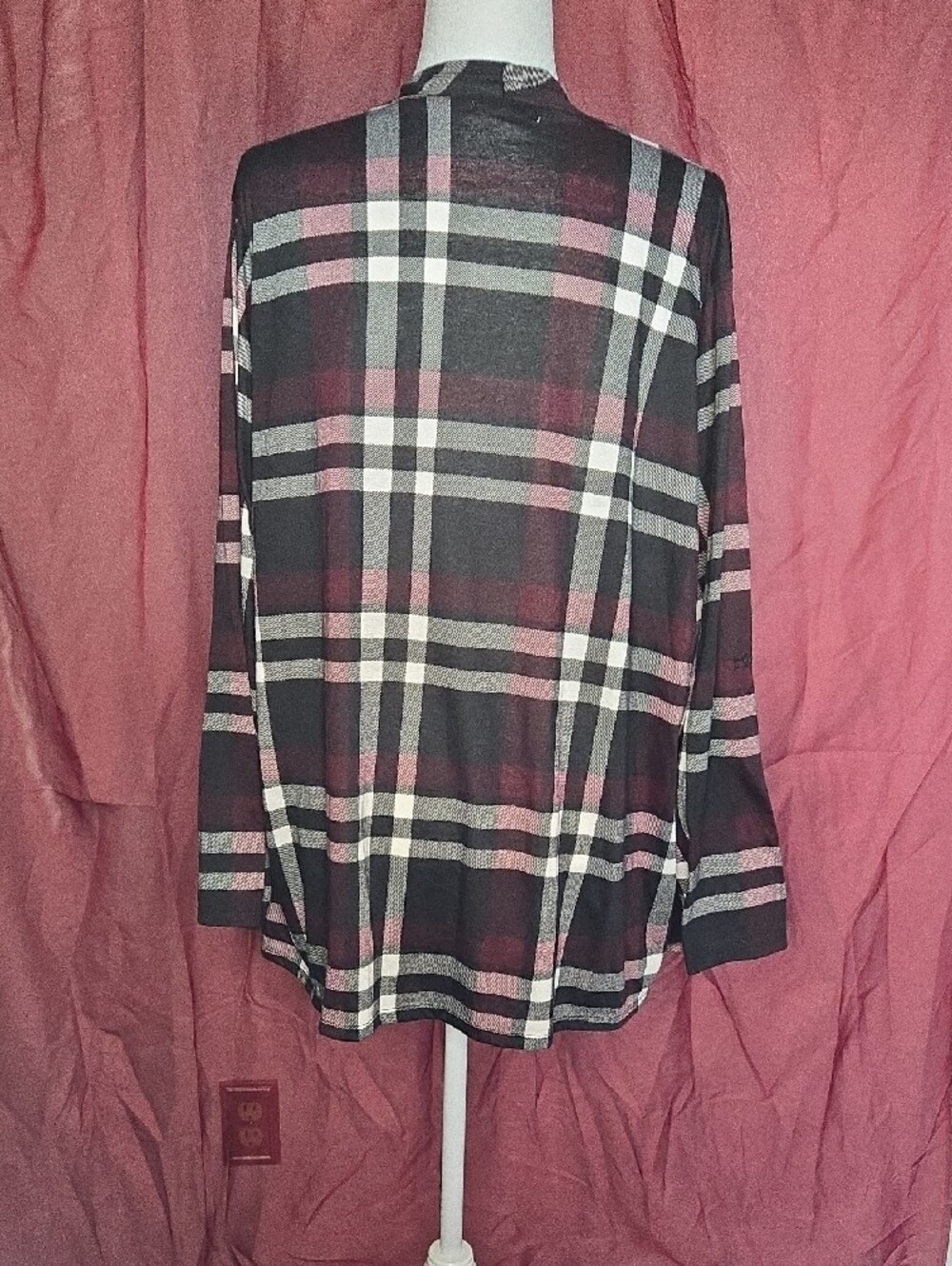Draped Plaid Open-Front Cardigan in Black, Pink and White - Picture 3 of 6